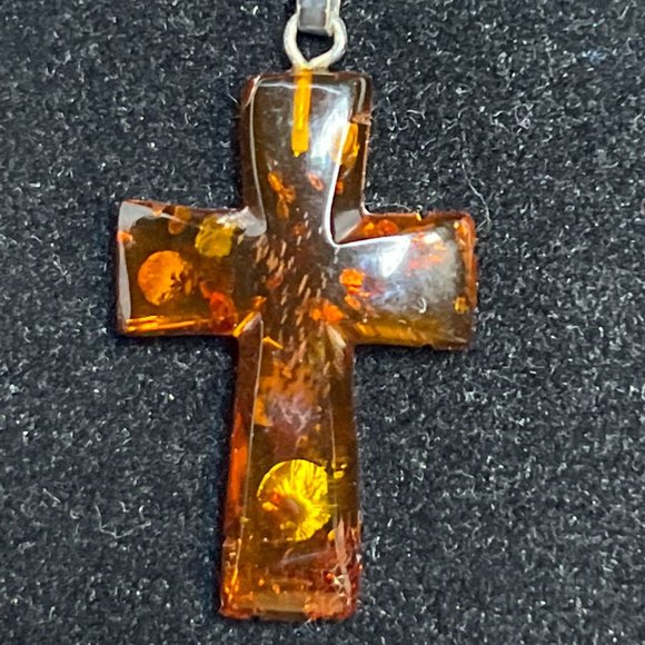 Vintage KC Sterling Silver Box Chain Necklace With Bakelite Cross Pendant (4254) - Picture 2 of 5
